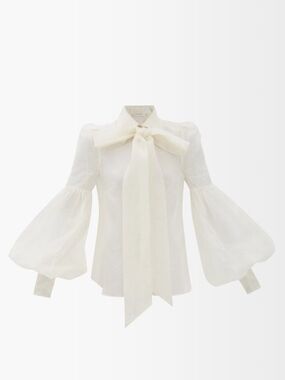 Zimmermann Cream Puff-Sleeve Tie-Neck Blouse